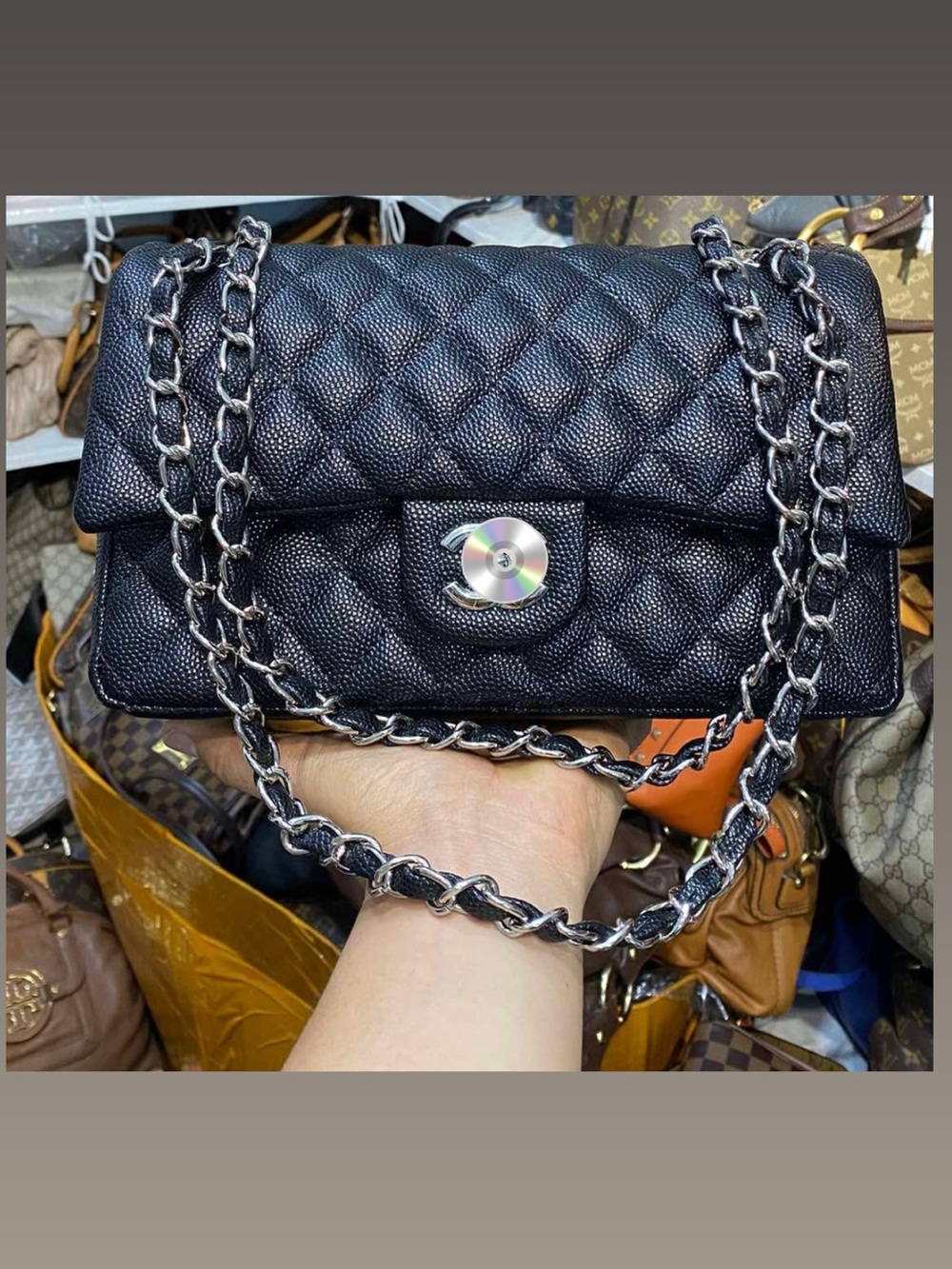 Quilted Caviar Leather Chain Crossbody Bag in Black